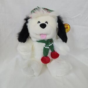 K.P. Cuddlies White Puppy Dog 14" Christmas Plush Green Hat Scarf King Plush Vtg